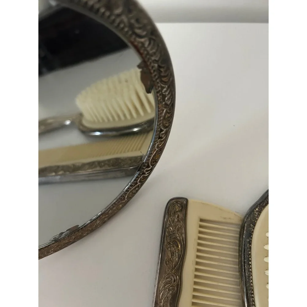 Vintage Silver Tone Ornate Repousse Vanity Set Mirror Brush Comb 3 Piece Floral